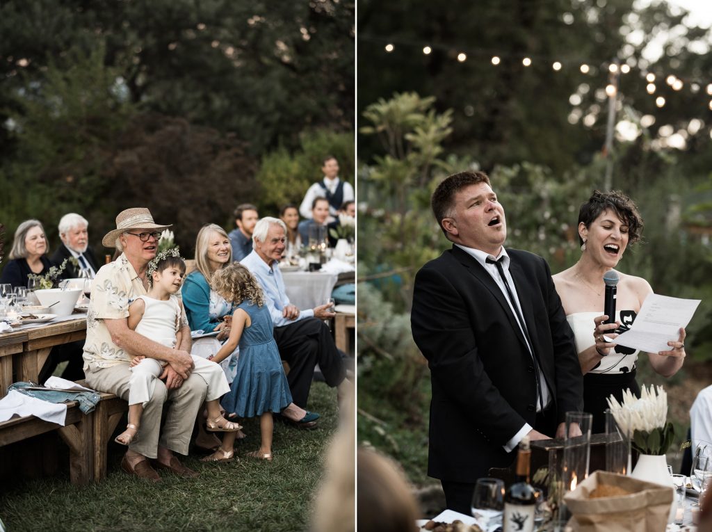 bride and grooms loved ones giving a funny wedding speech