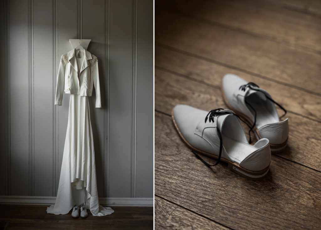modern minimalist wedding gown and shoes