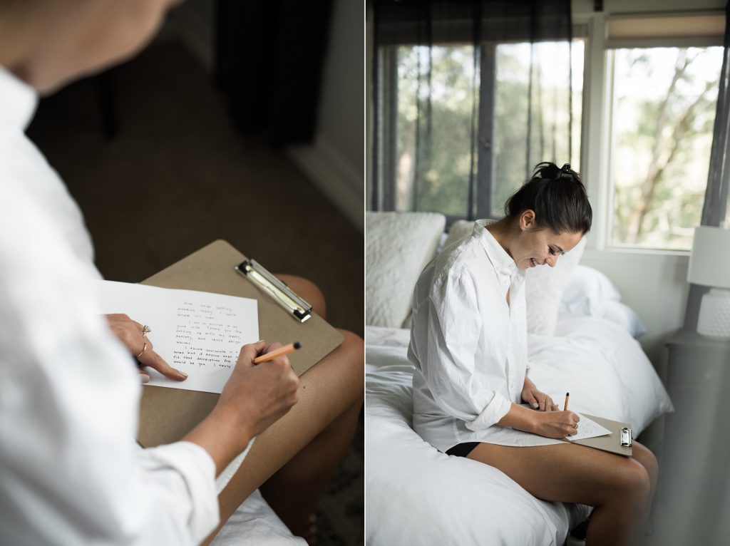 bride writing letter to fiance before the wedding